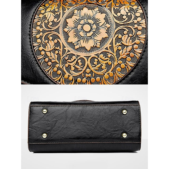 Floral Faux Vintage Engraved Handbag Leather