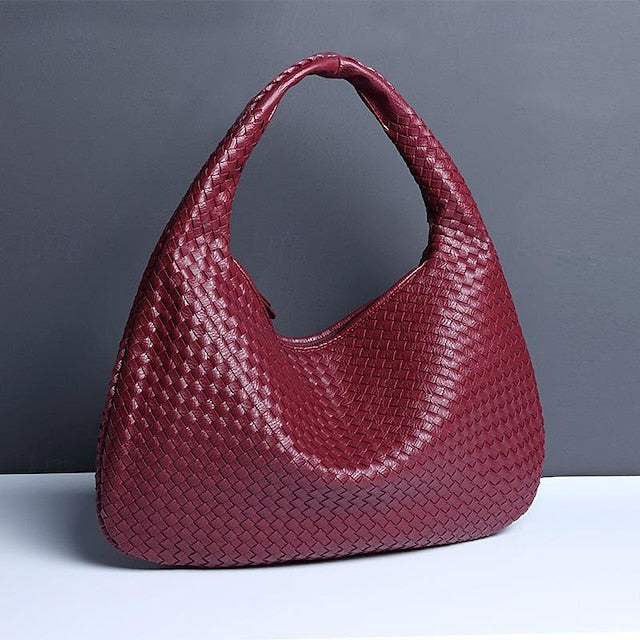 Chic Burgundy Hobo Woven Leather Bag Faux