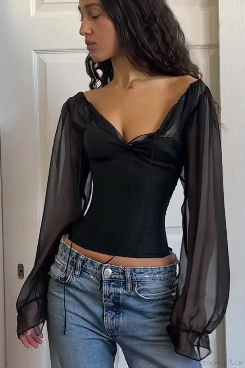 Ruched V-neck Puff Sleeve Slim Long Sleeve Tee