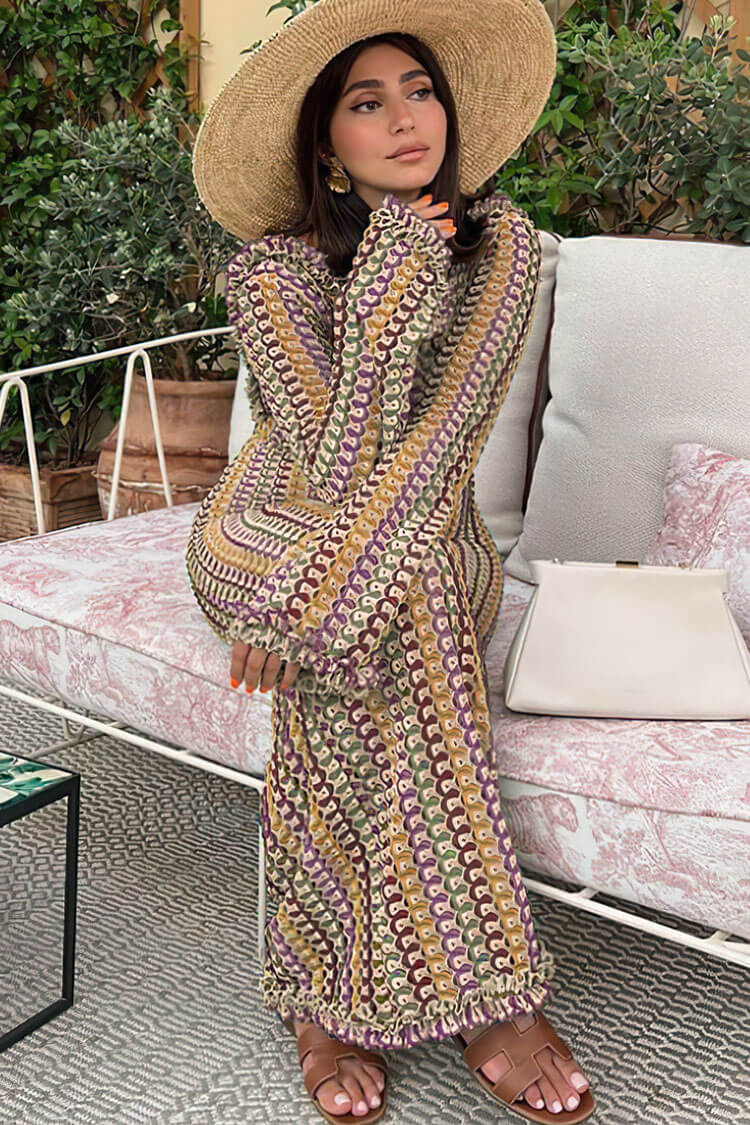 Ruffle Backless Long Sleeve Wavy Striped Crochet Beach Vacation Maxi Dress - Brown Fashionpara
