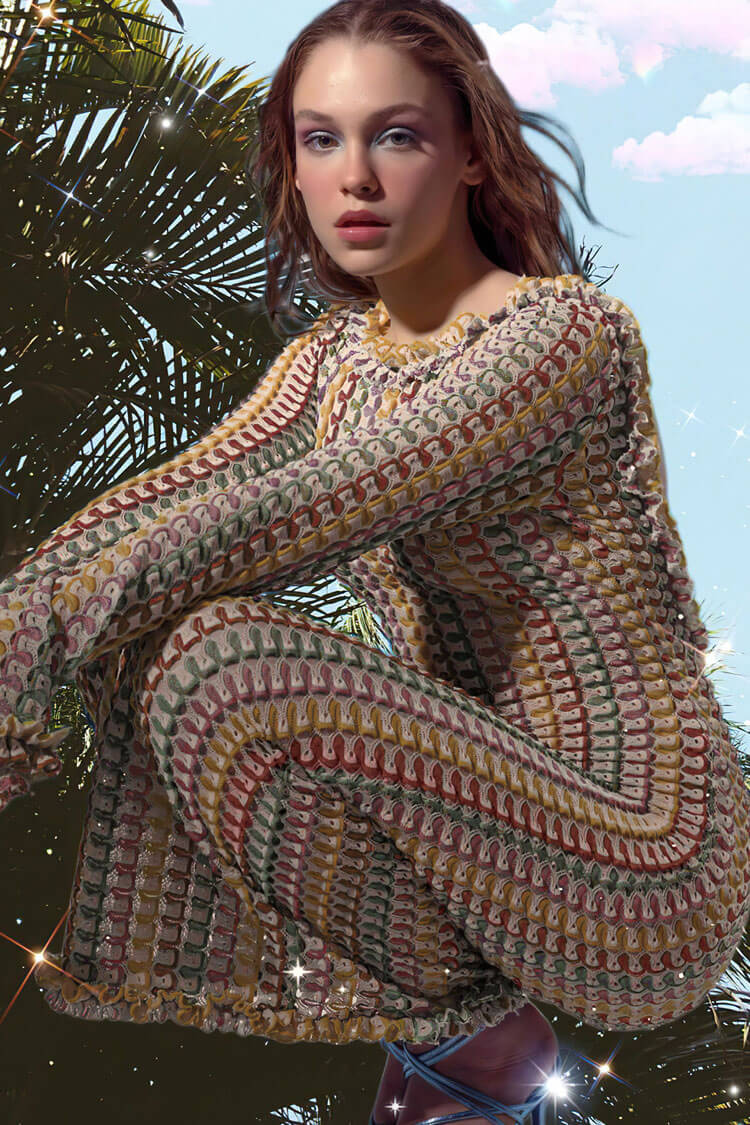 Ruffle Backless Long Sleeve Wavy Striped Crochet Beach Vacation Maxi Dress - Brown Fashionpara