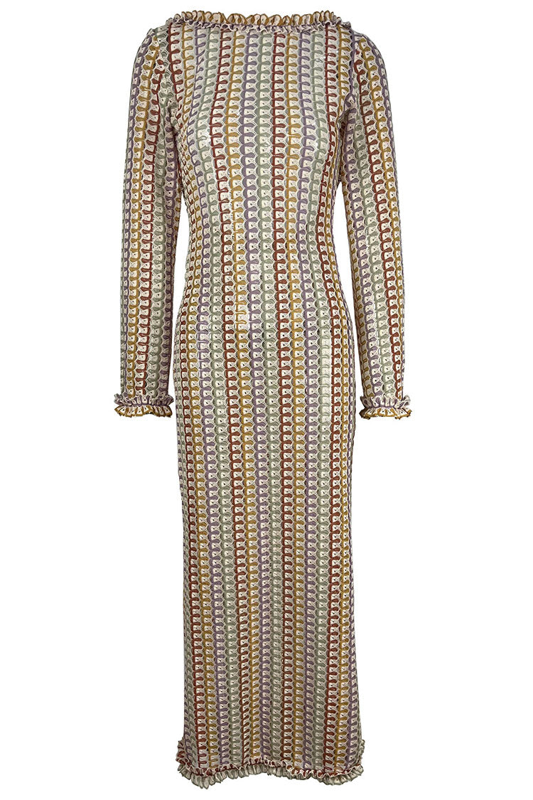 Ruffle Backless Long Sleeve Wavy Striped Crochet Beach Vacation Maxi Dress - Brown Fashionpara
