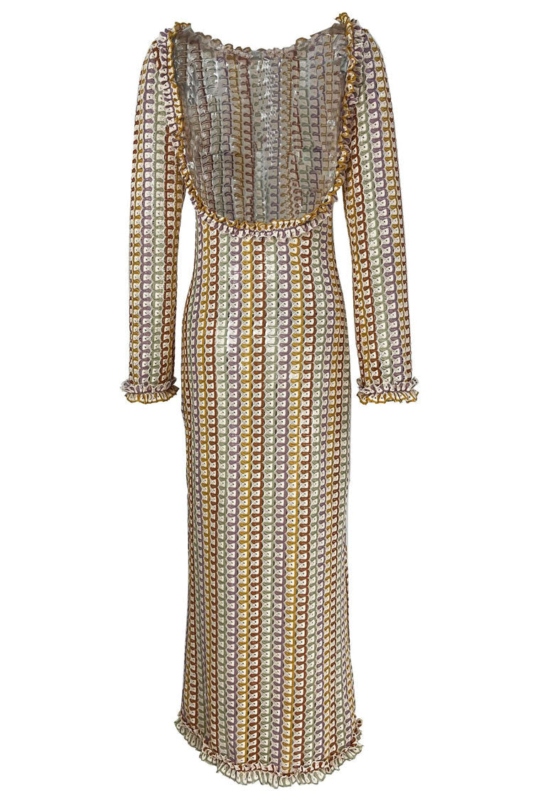 Ruffle Backless Long Sleeve Wavy Striped Crochet Beach Vacation Maxi Dress - Brown Fashionpara
