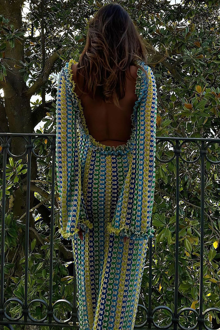 Ruffle Backless Long Sleeve Wavy Striped Crochet Beach Vacation Maxi Dress - Yellow Fashionpara