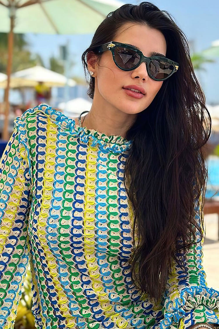 Ruffle Backless Long Sleeve Wavy Striped Crochet Beach Vacation Maxi Dress - Yellow Fashionpara