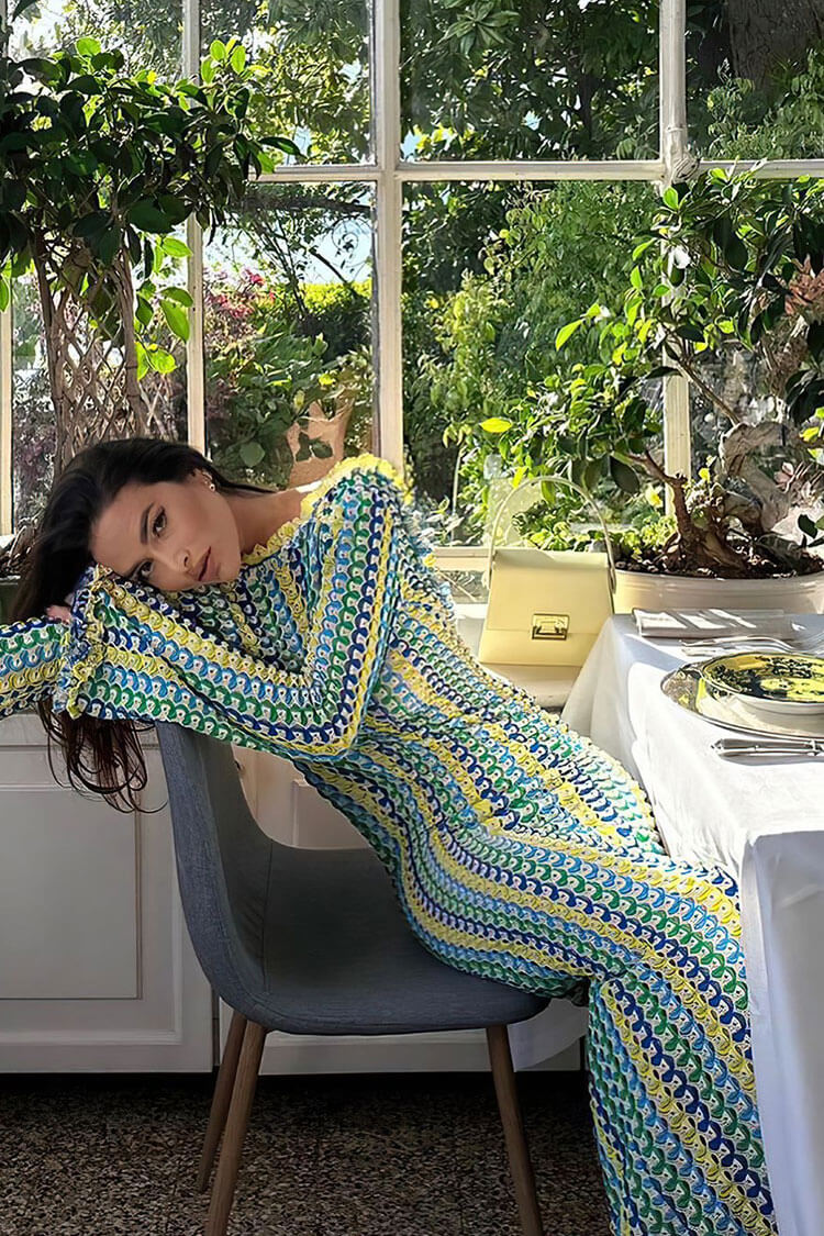 Ruffle Backless Long Sleeve Wavy Striped Crochet Beach Vacation Maxi Dress - Yellow Fashionpara