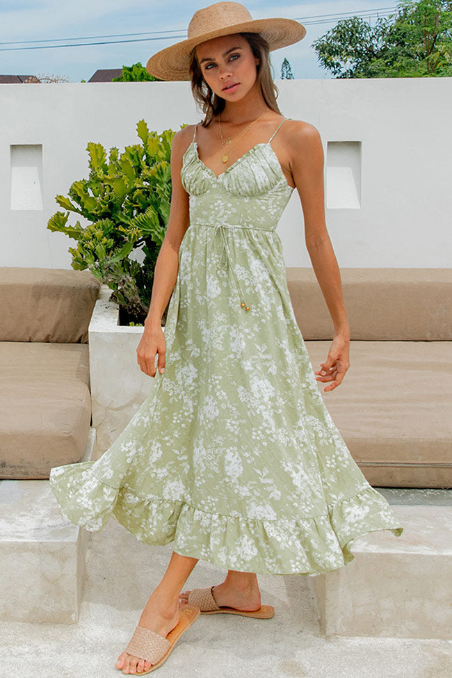 Ruffle Deep V Floral Print Slip Midi Dress - Light Green - Fashionpara