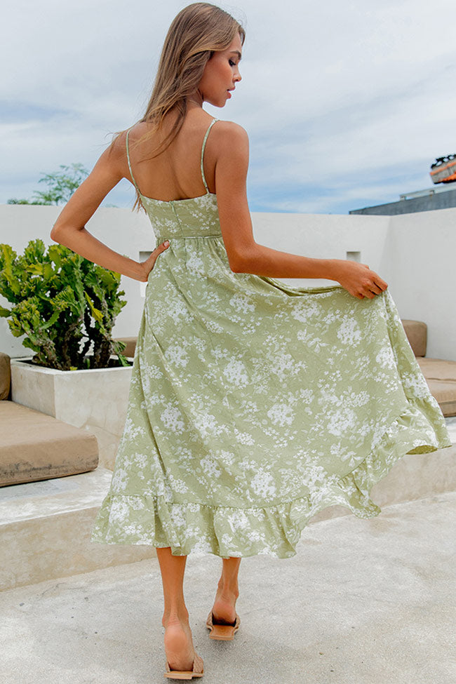 Ruffle Deep V Floral Print Slip Midi Dress - Light Green - Fashionpara