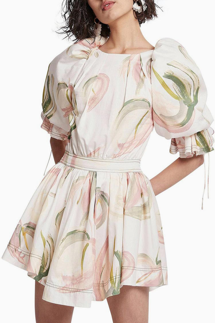 Ruffle Puff Sleeve Cutout Black Floral Printed Mini Dress - White  Fashionpara