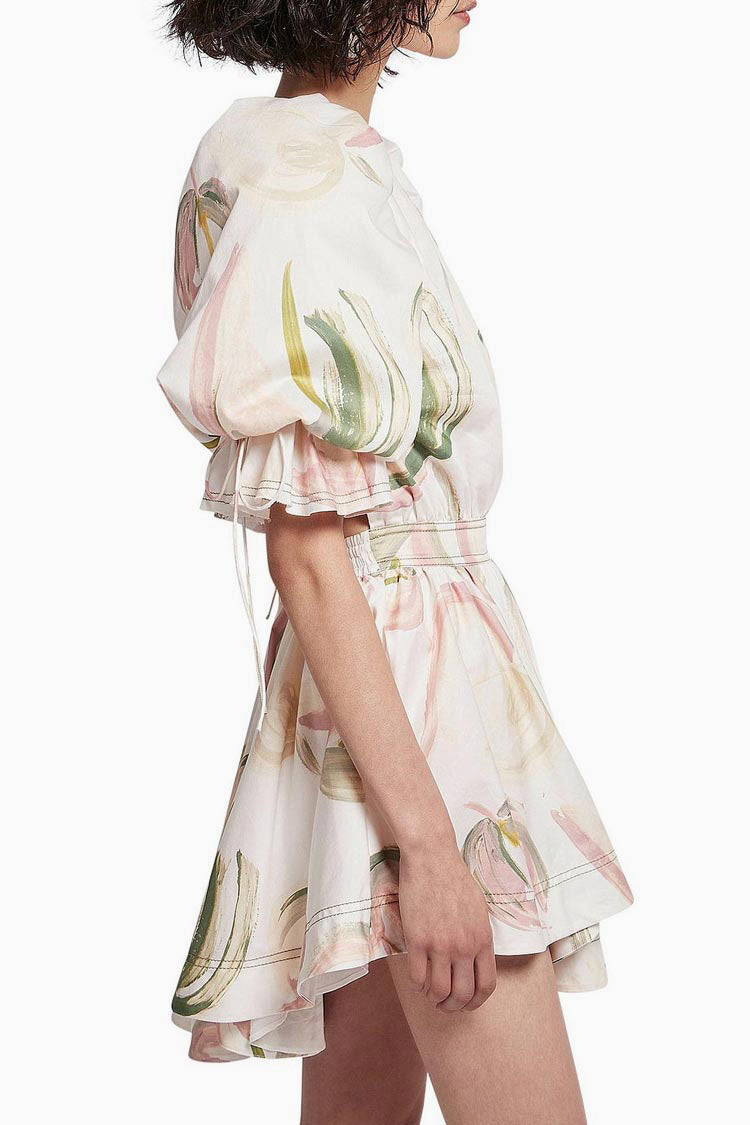 Ruffle Puff Sleeve Cutout Black Floral Printed Mini Dress - White  Fashionpara