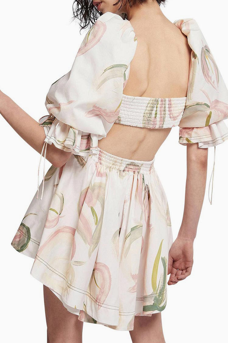 Ruffle Puff Sleeve Cutout Black Floral Printed Mini Dress - White  Fashionpara