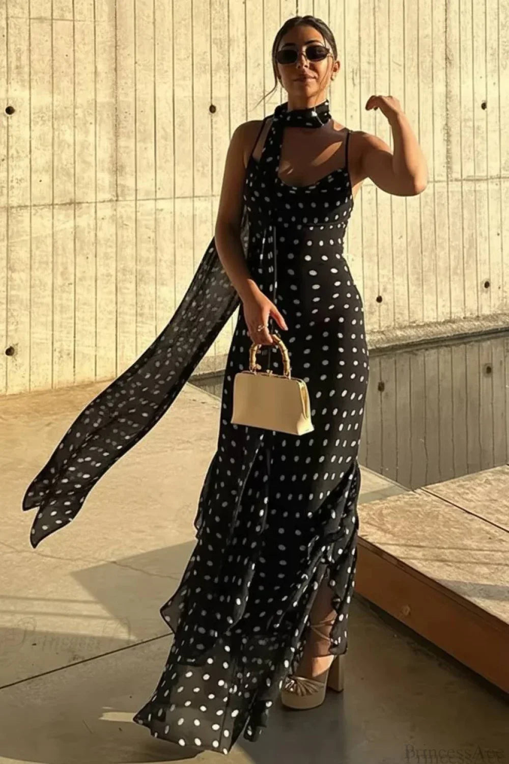 Polka Dot Scarf Neck Open Back Maxi Dress 4