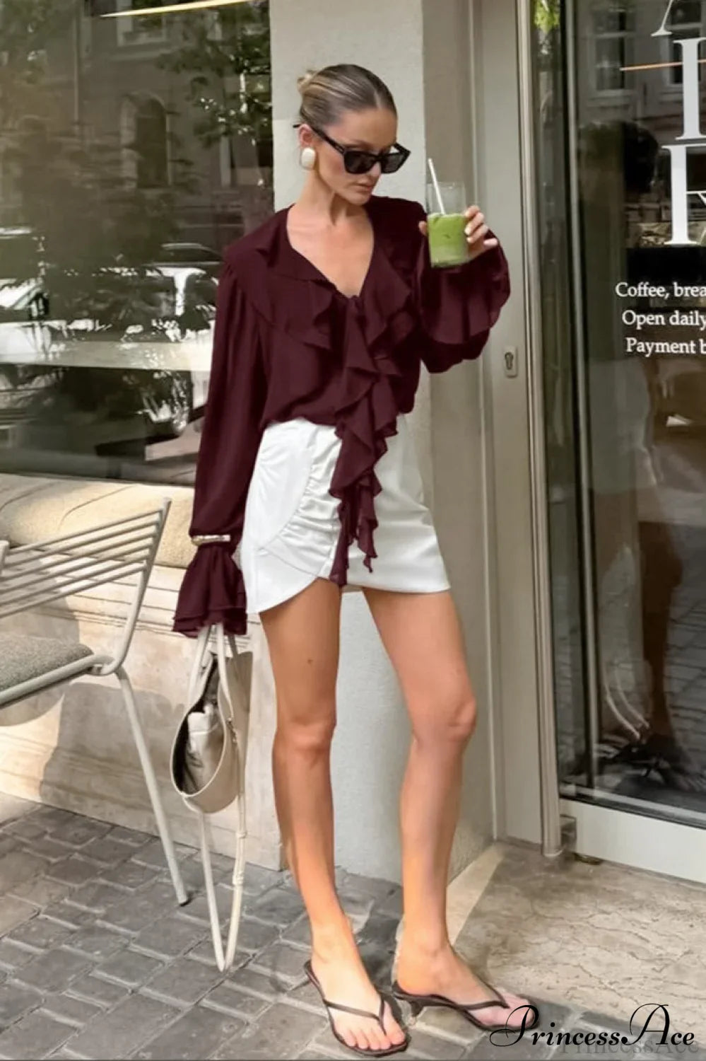 Ruffled V-Neck Long-Sleeve Tie-Waist French Blouse