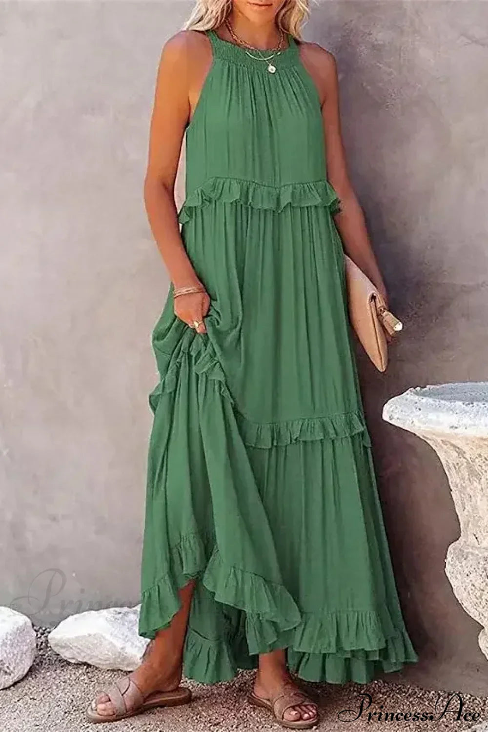 Ruffles Sexy Split Halter Sleeveless Big Hem Maxi Boho Dress