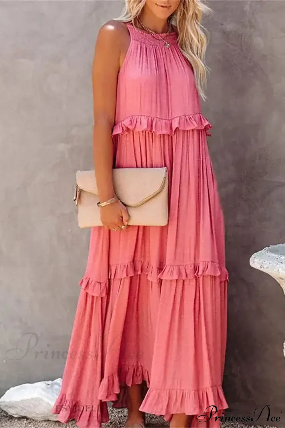 Ruffles Sexy Split Halter Sleeveless Big Hem Maxi Boho Dress Pink / S bohodress-250126