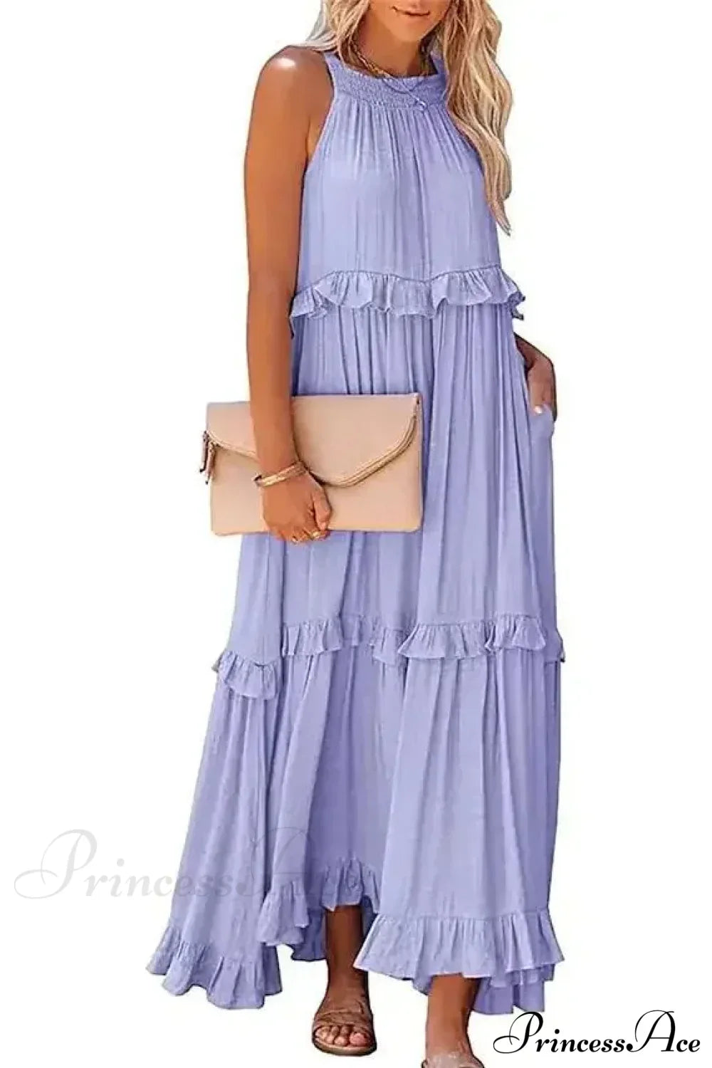 Ruffles Sexy Split Halter Sleeveless Big Hem Maxi Boho Dress Purple lining / S bohodress-250126