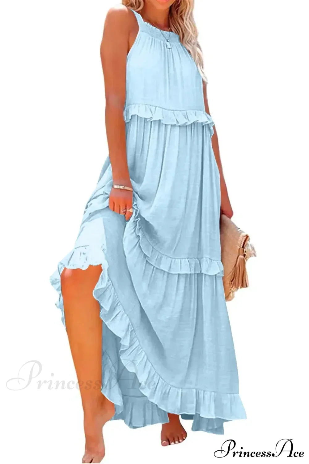 Ruffles Sexy Split Halter Sleeveless Big Hem Maxi Boho Dress Sky lining / S bohodress-250126