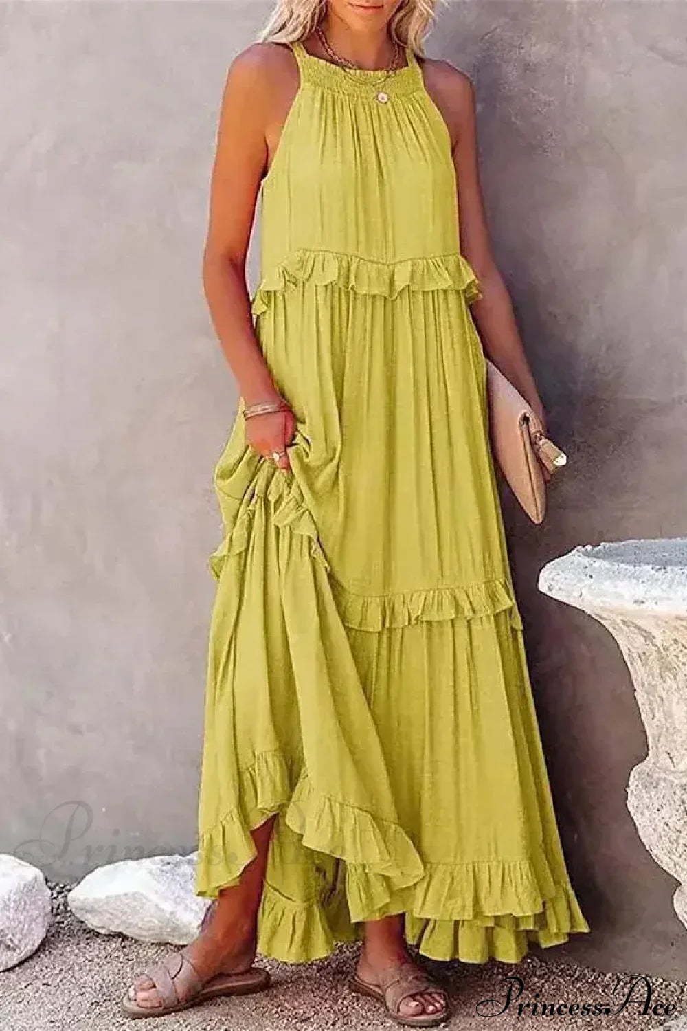 Ruffles Sexy Split Halter Sleeveless Big Hem Maxi Boho Dress Yellow / S bohodress-250126