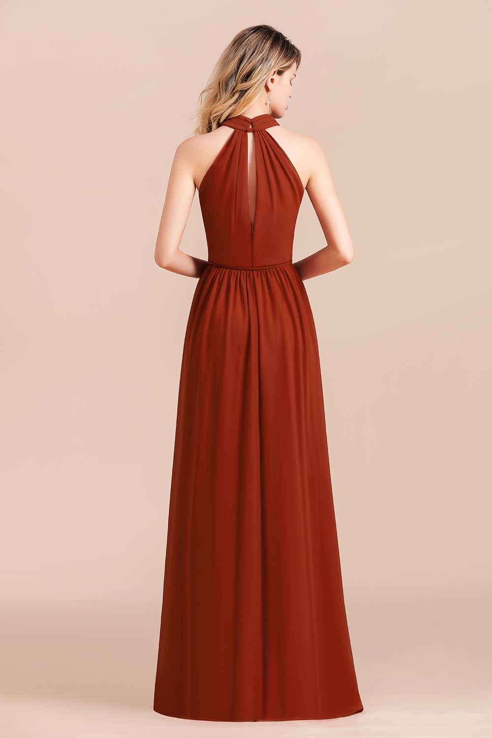 Rust Halter Long Bridesmaid dresses With Front Split - Fashionpara