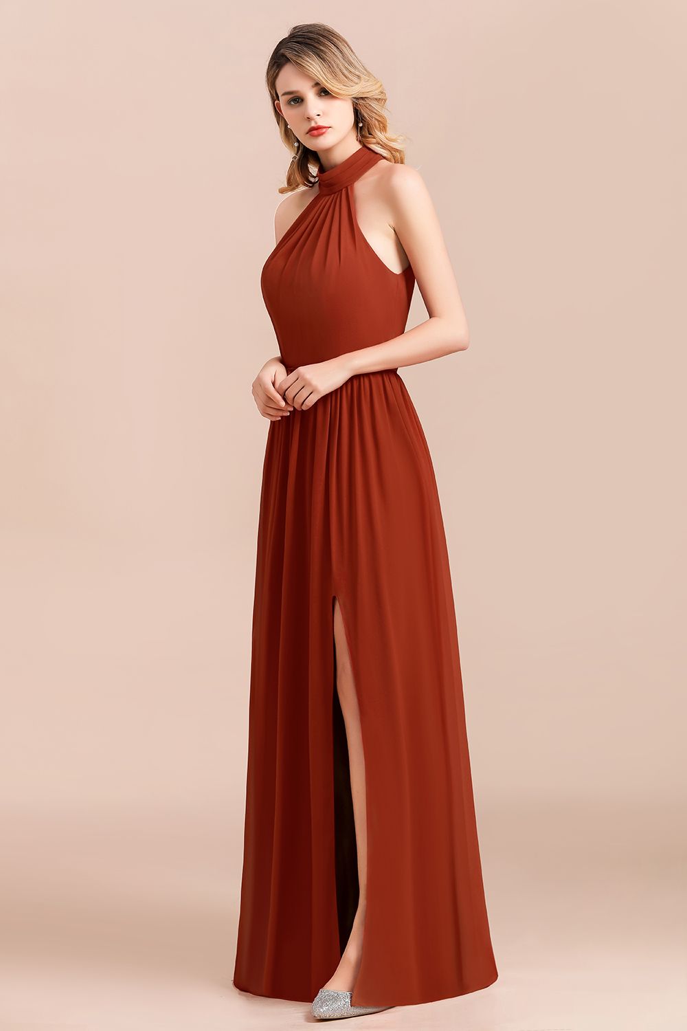 Rust Halter Long Bridesmaid dresses With Front Split - Fashionpara