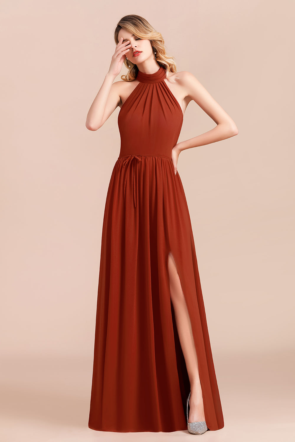 Rust Halter Long Bridesmaid dresses With Front Split - Fashionpara