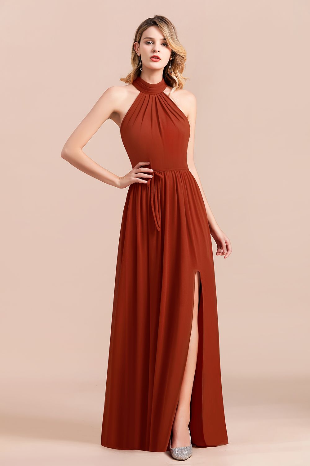 Rust Halter Long Bridesmaid dresses With Front Split - Fashionpara