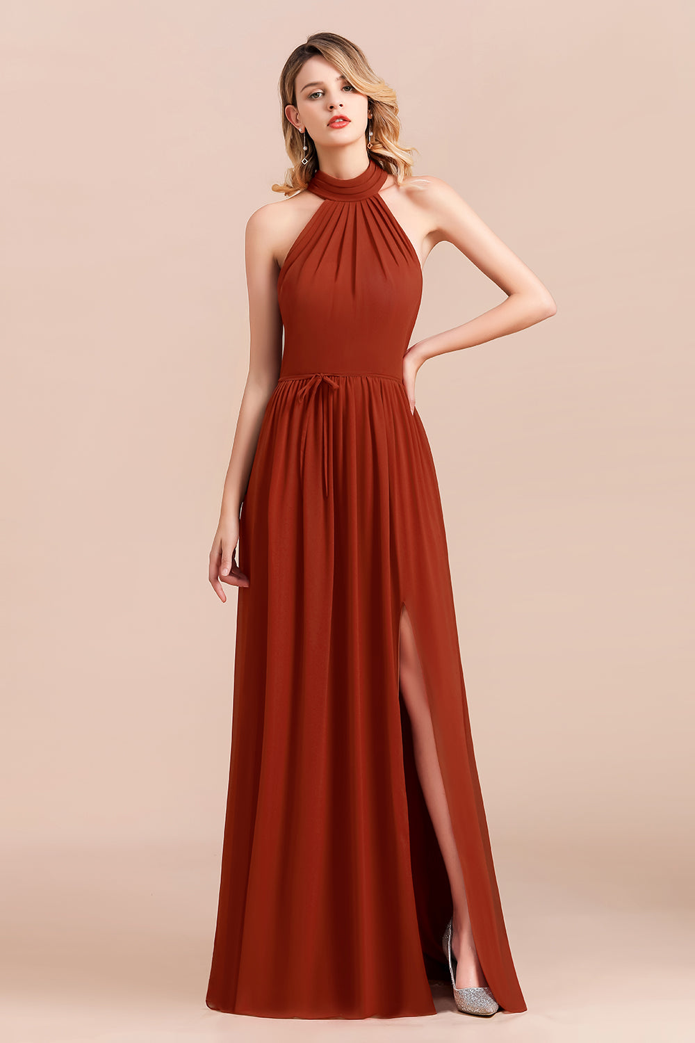 Rust Halter Long Bridesmaid dresses With Front Split - Fashionpara