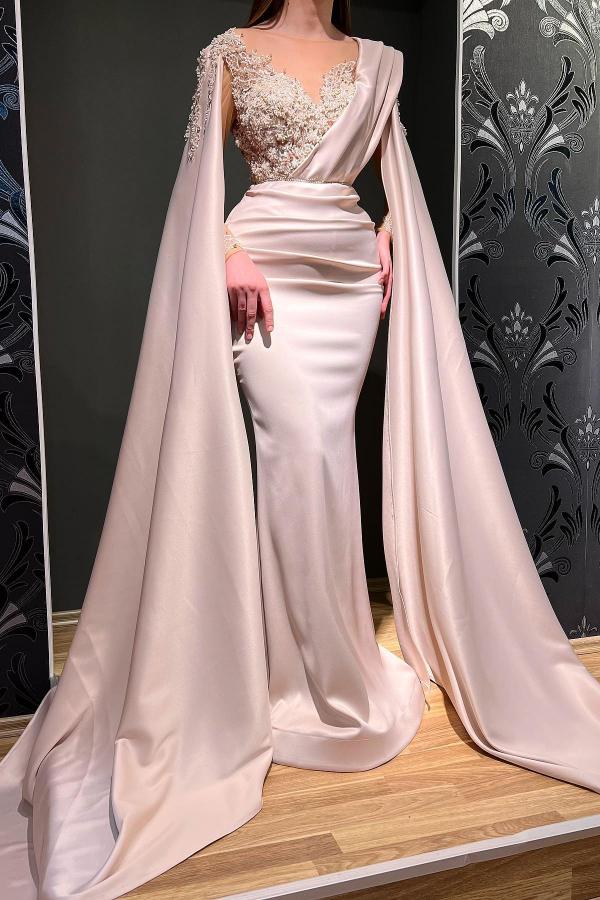 Rust Long Sleeves Mermaid Prom Dress Appliques Beads With Cape - Fashionpara