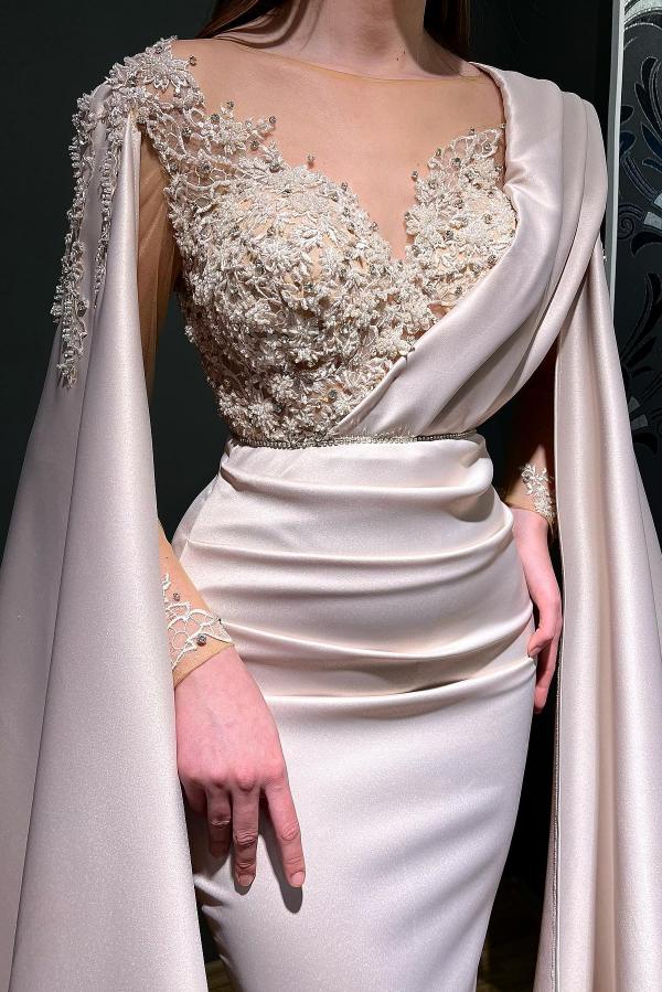 Rust Long Sleeves Mermaid Prom Dress Appliques Beads With Cape - Fashionpara