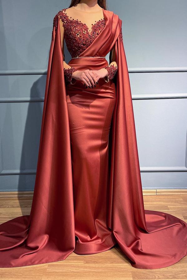Rust Long Sleeves Mermaid Prom Dress Appliques Beads With Cape - Fashionpara