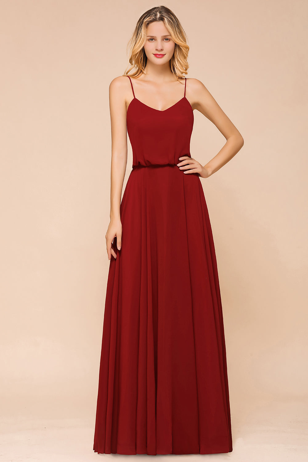 Rust Spaghetti-Starps Long Chiffon Bridesmaid dresses - Fashionpara