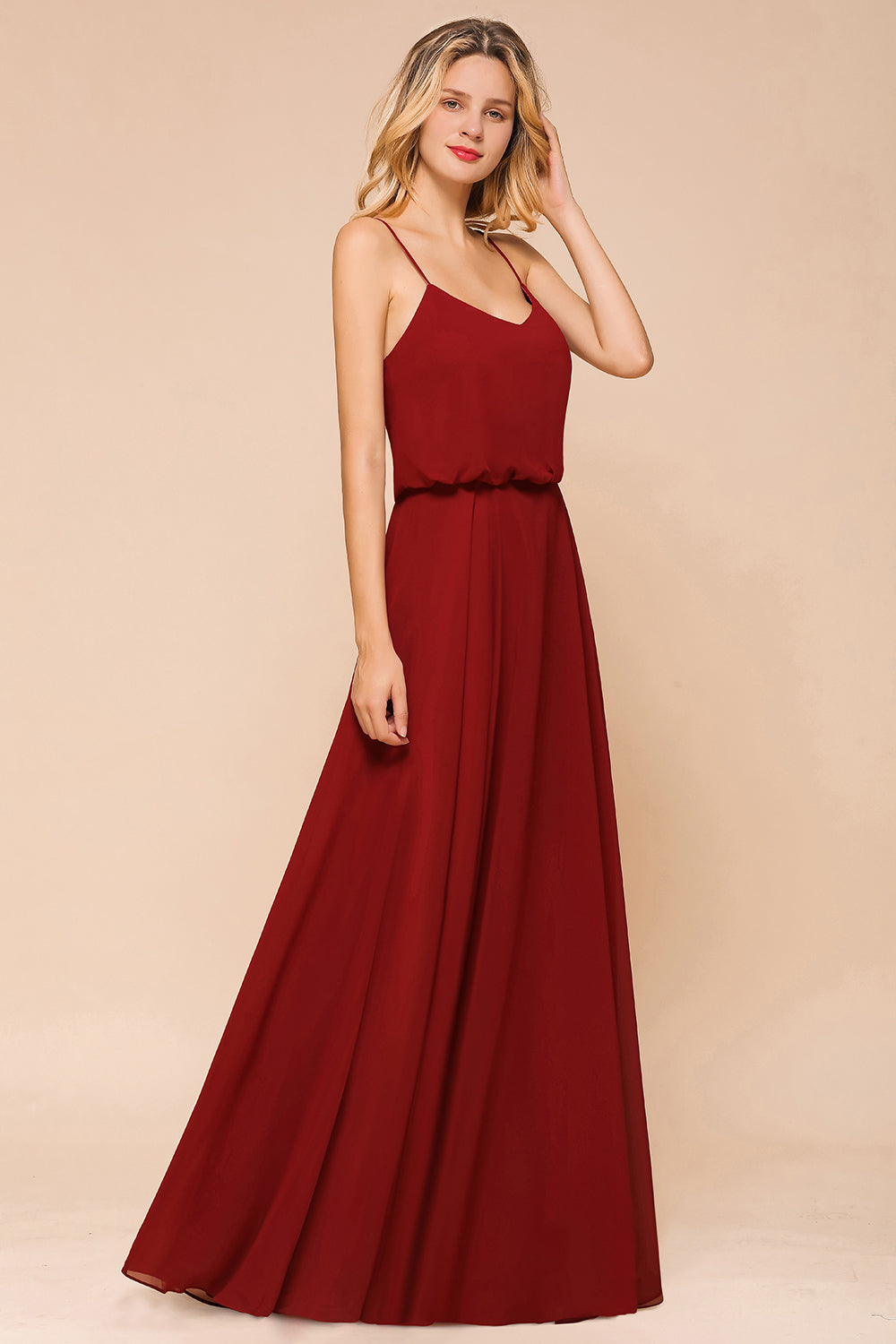 Rust Spaghetti-Starps Long Chiffon Bridesmaid dresses - Fashionpara