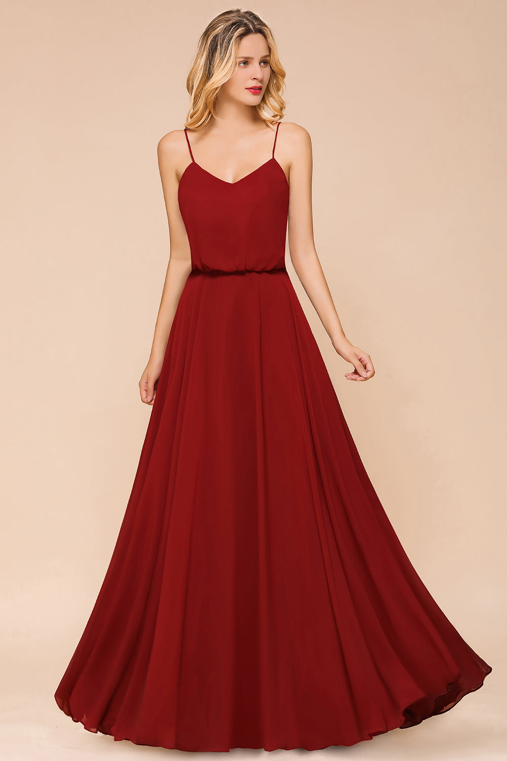 Rust Spaghetti-Starps Long Chiffon Bridesmaid dresses - Fashionpara