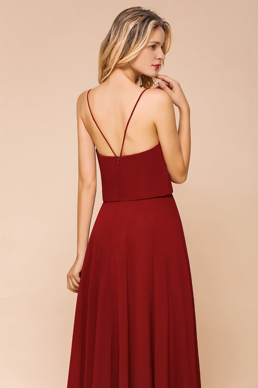 Rust Spaghetti-Starps Long Chiffon Bridesmaid dresses - Fashionpara