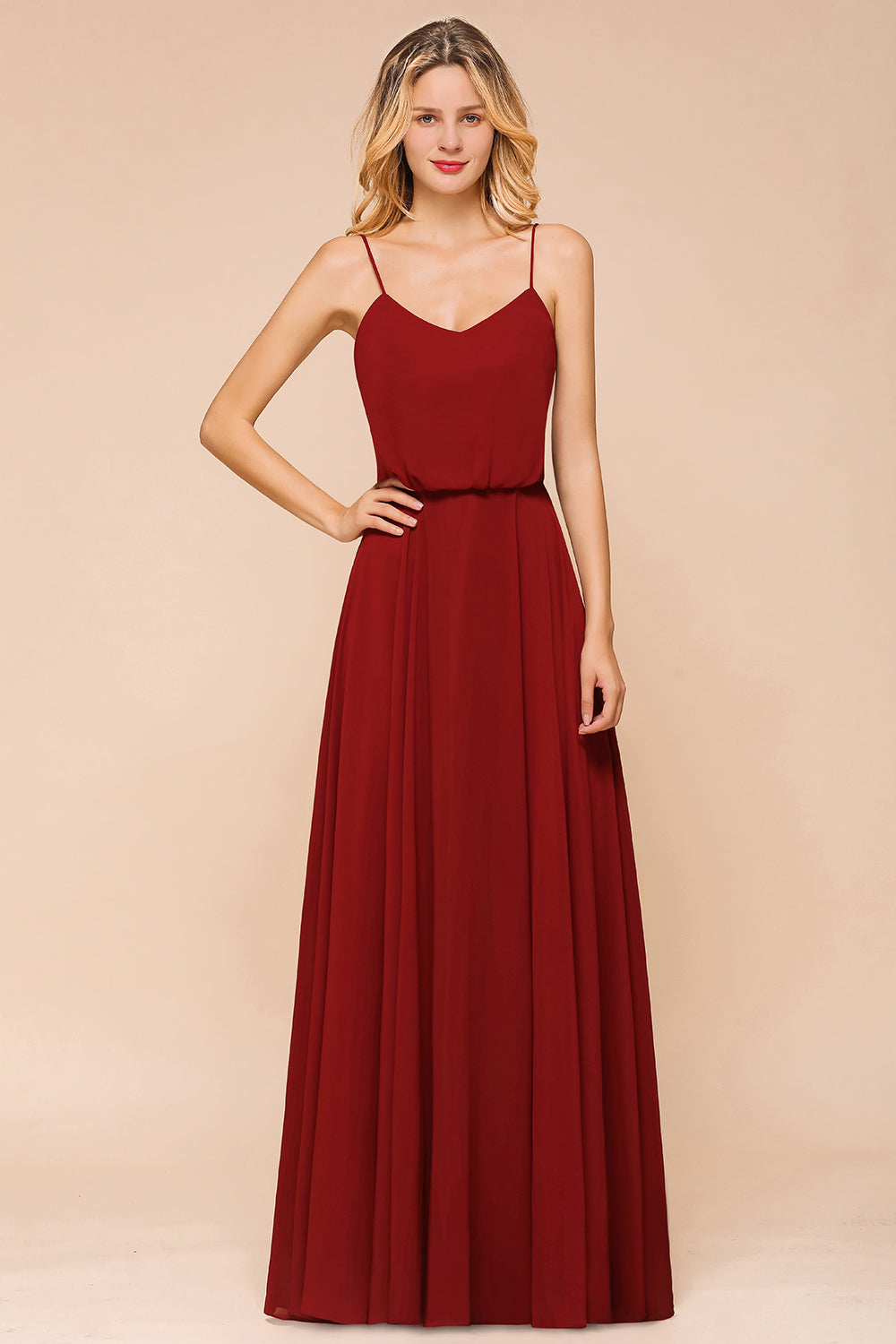 Rust Spaghetti-Starps Long Chiffon Bridesmaid dresses - Fashionpara