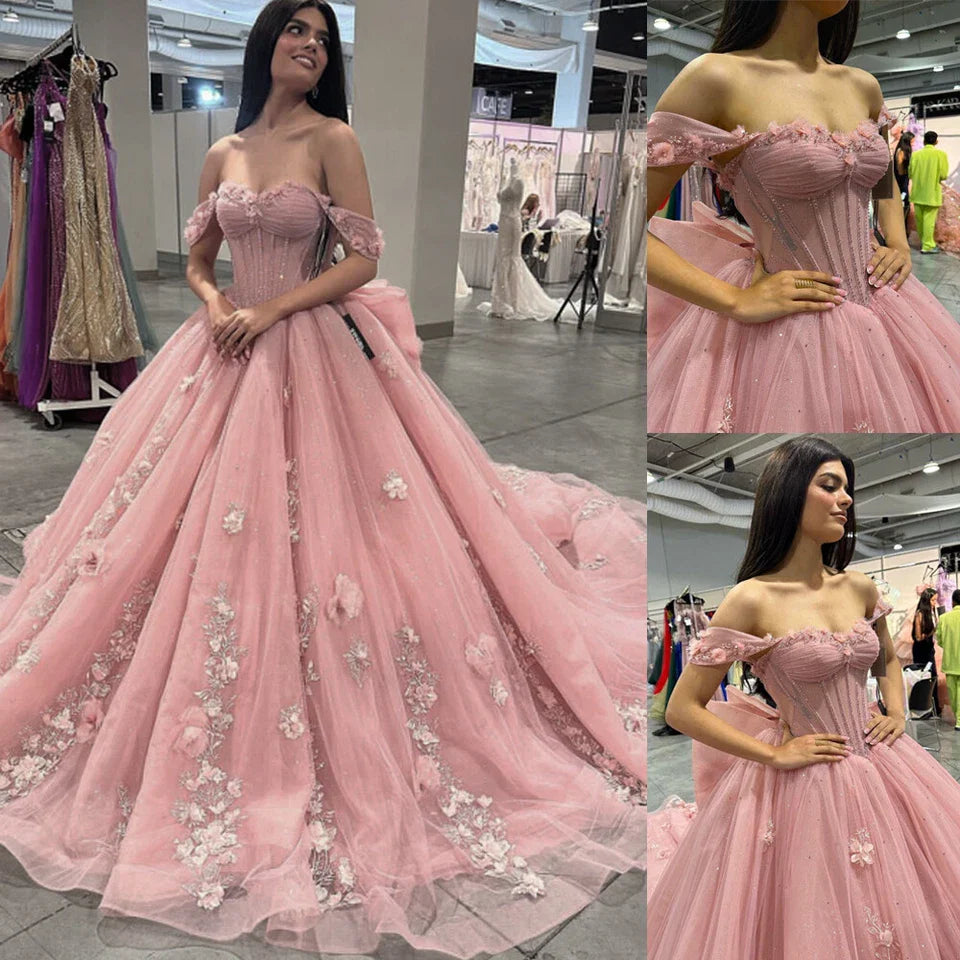 Pink Quinceanera Dress Ball Gown Applique 3D Flower Sweet 16 Party Prom Dress - Fashionpara