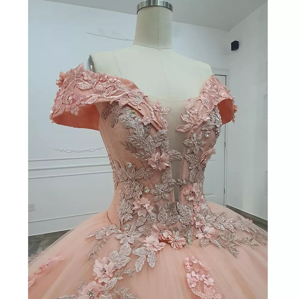 Pink Quinceanera Dress Sweet 16 Beaded Off-Shoulder 3D Floral Ball Gown Quinceanera Dresses - Fashionpara