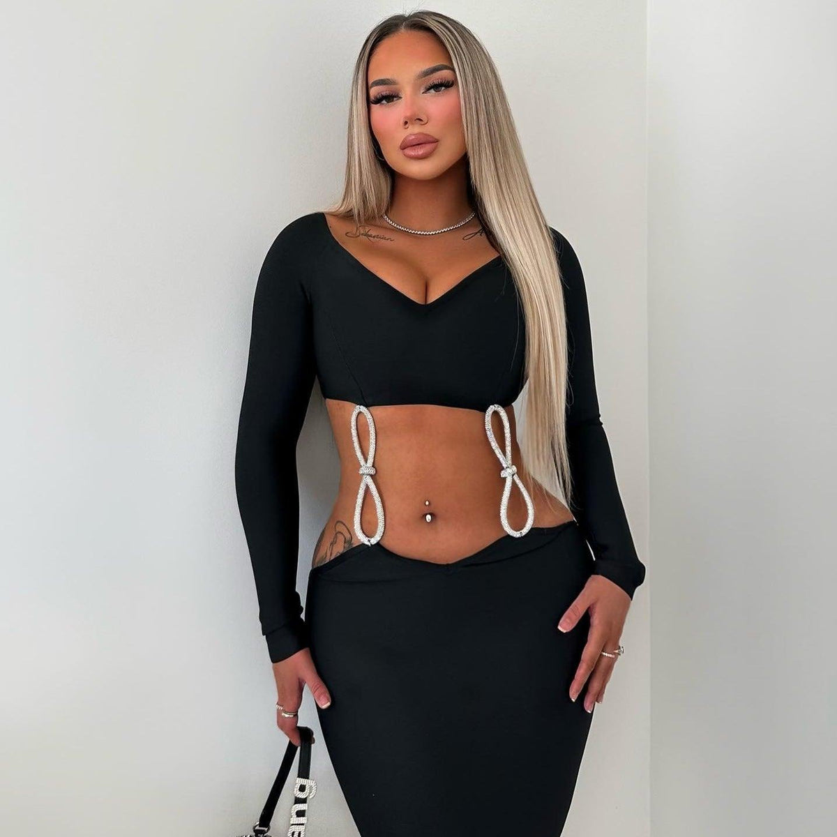 Rhinestone Bow Cutout Long-Sleeve Bandage Midi Dress