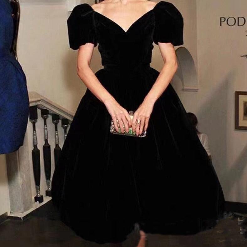 Velvet Puff Sleeve Sweetheart Fit & Flare Midi Dress