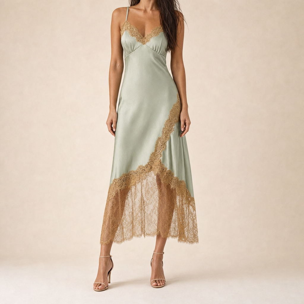Satin V-Neck Lace Trim Spaghetti Strap Slip Midi Dress