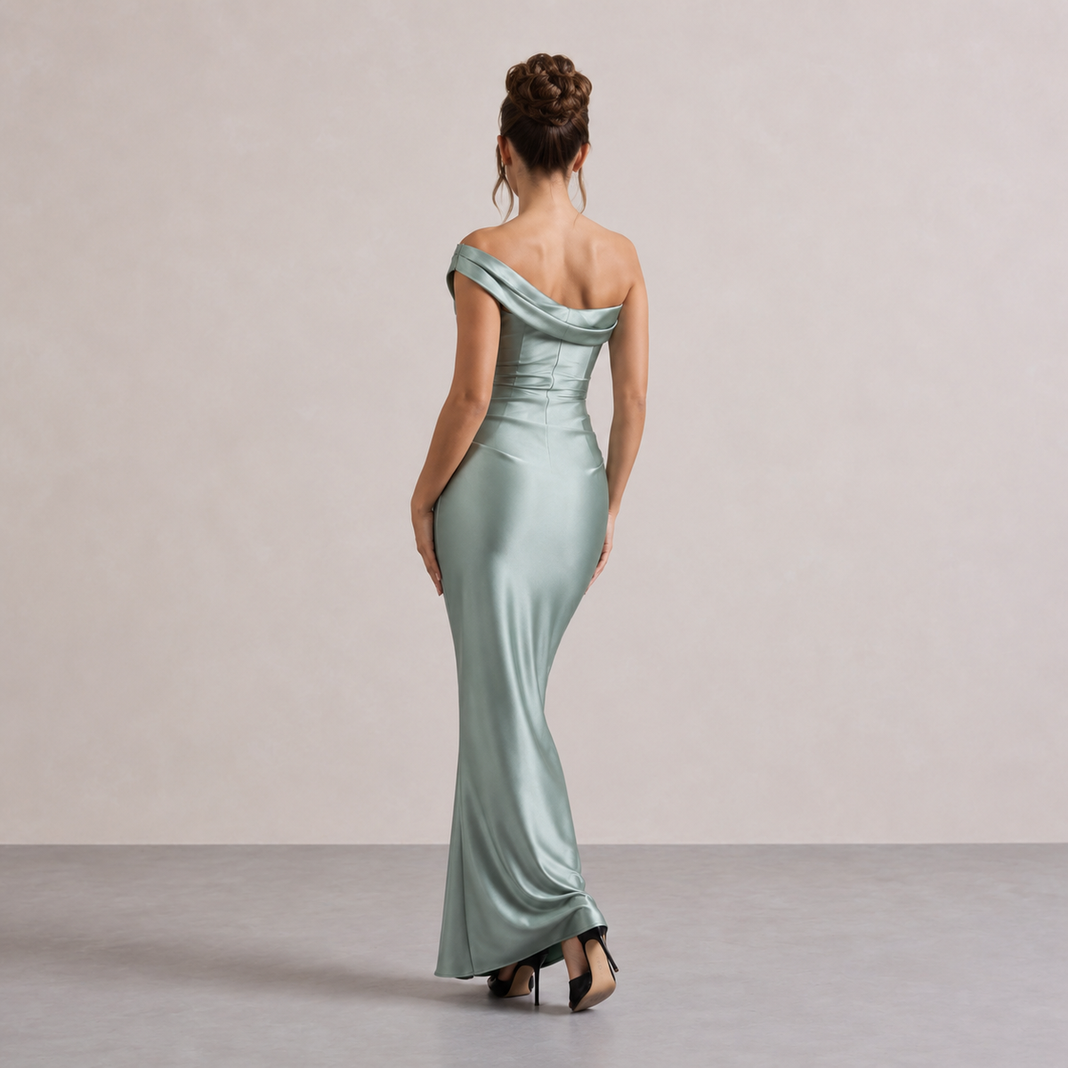 Off Shoulder Ruched Satin Fishtail Maxi Gown 12