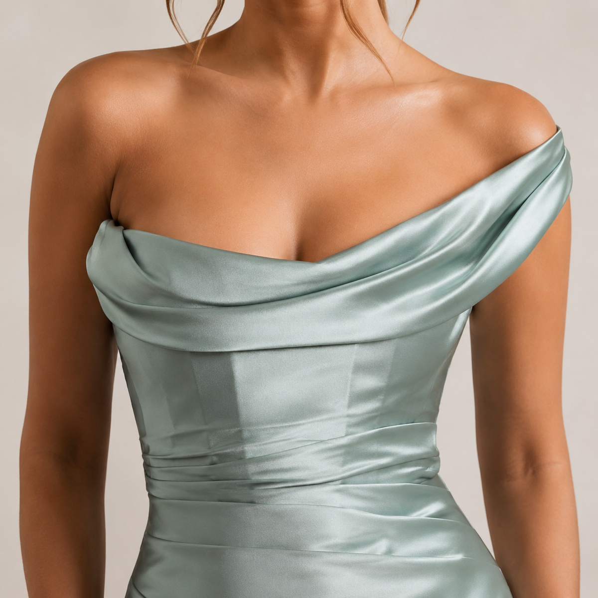Off Shoulder Ruched Satin Fishtail Maxi Gown 11