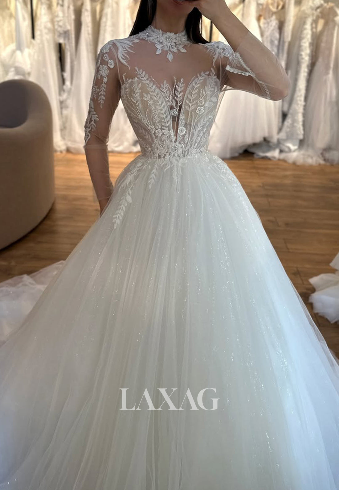 High-Neck Long-Sleeves Pleated Tulle Bride Gowns Applique Beaded A-Line Wedding Dress with Train