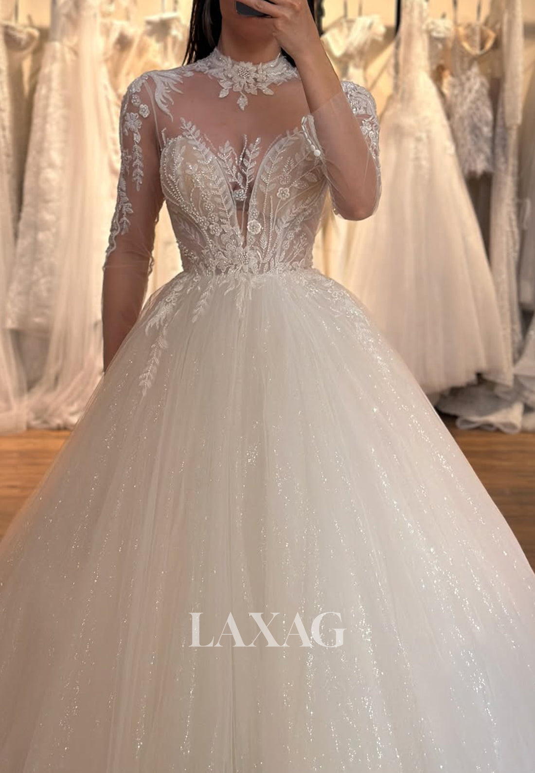 High-Neck Long-Sleeves Pleated Tulle Bride Gowns Applique Beaded A-Line Wedding Dress with Train