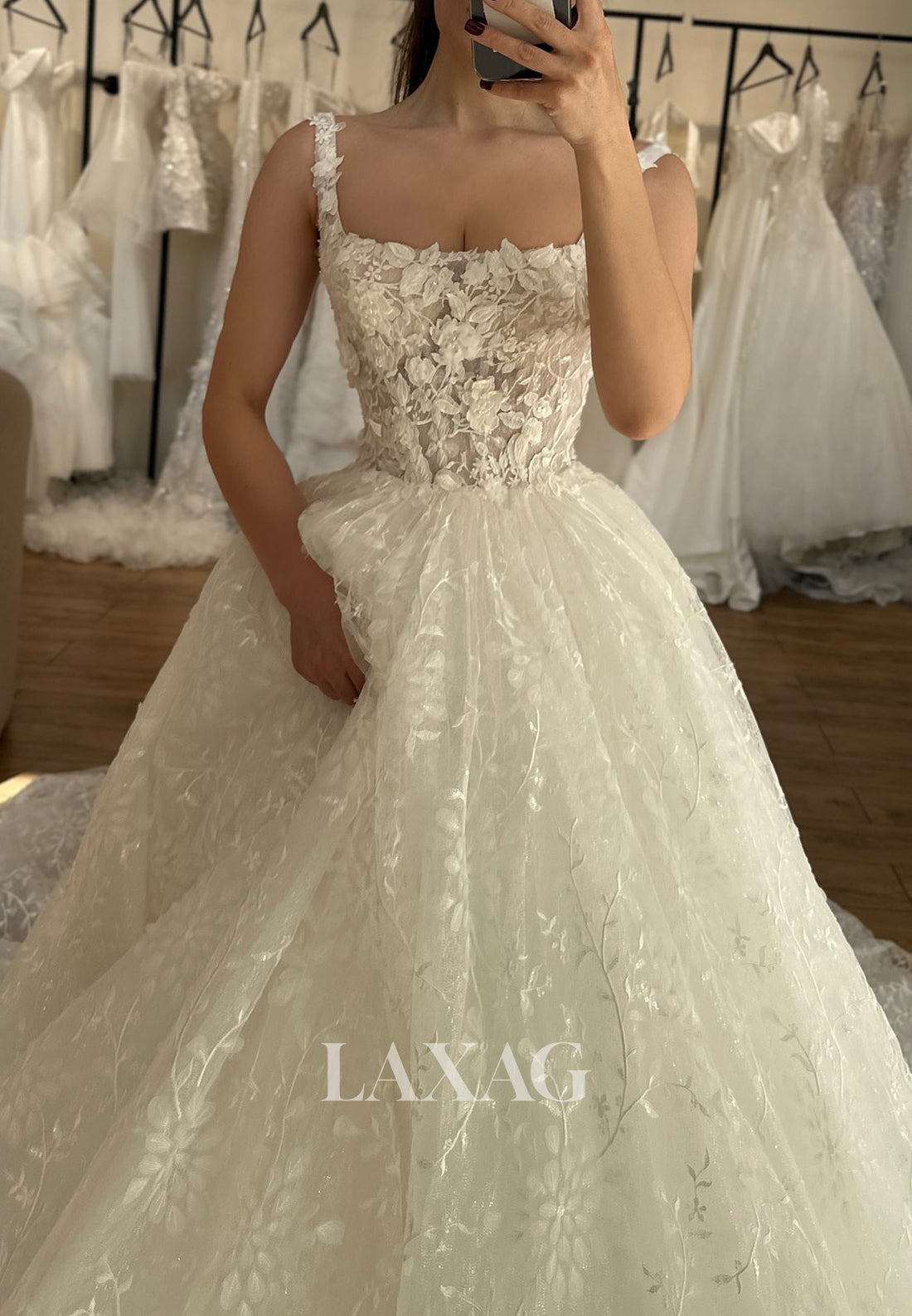 Tube Top Allover Lace Applique A-Line Wedding Dress Spaghetti Straps Pleated Tulle Bride Gowns