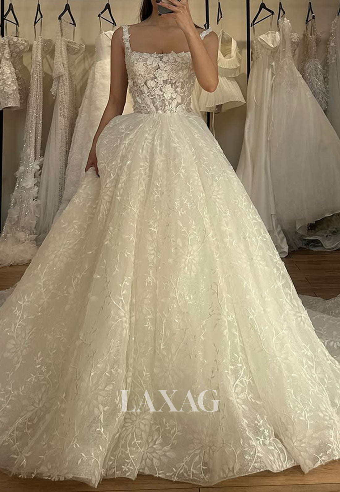 Tube Top Allover Lace Applique A-Line Wedding Dress Spaghetti Straps Pleated Tulle Bride Gowns