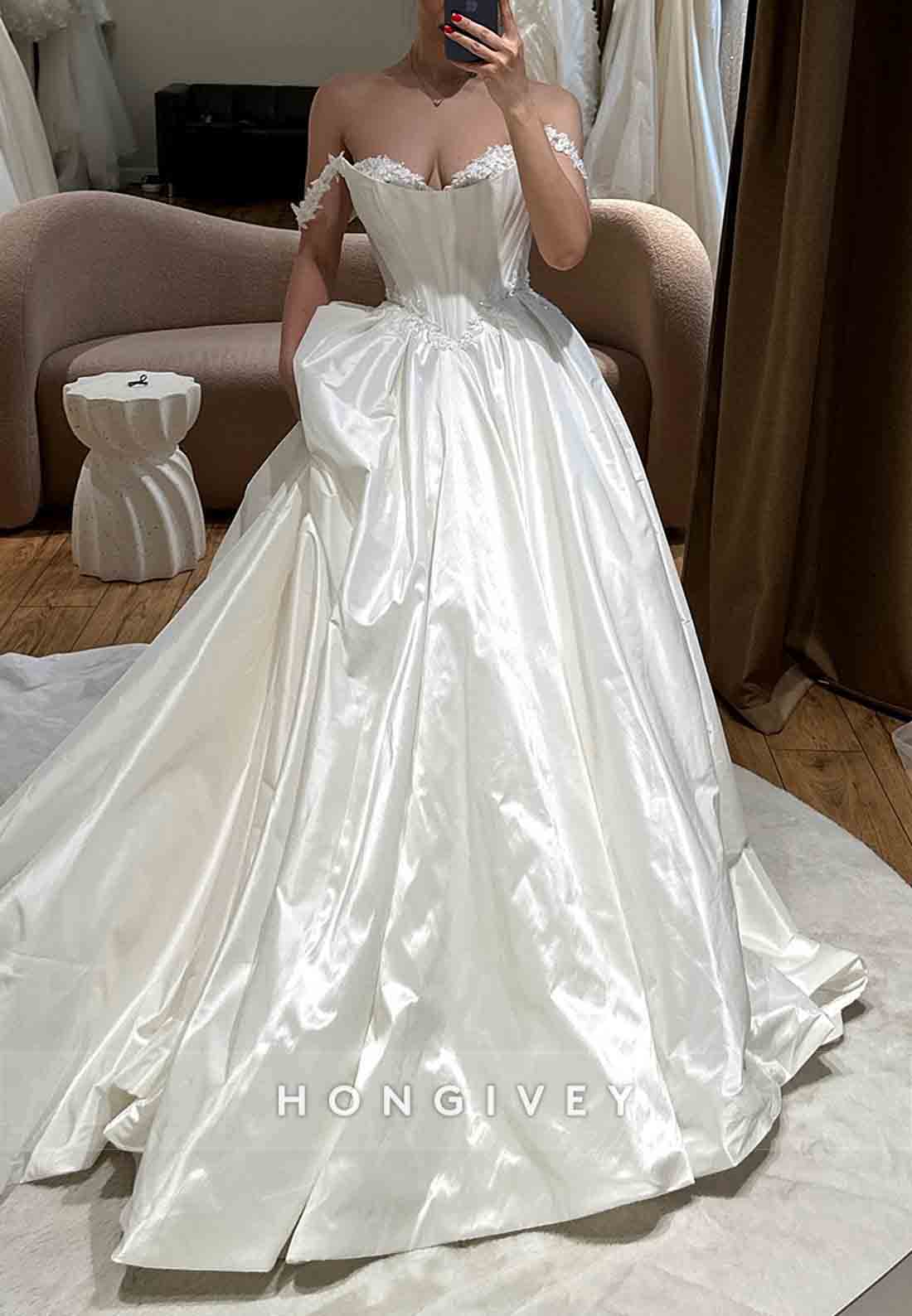 Off the Shoulder Satin Empire Princess Pleated Court Train Wedding Dresses