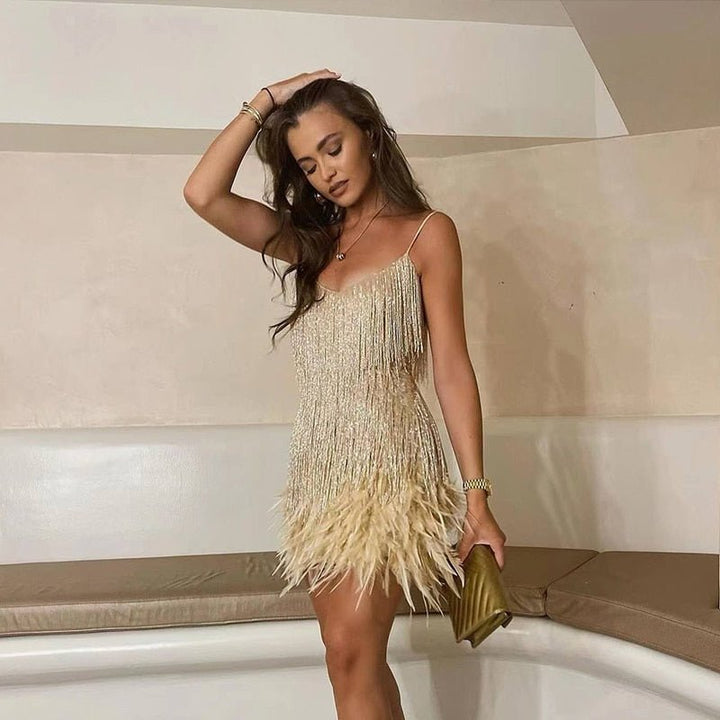 Fringe Feather Trim Spaghetti Strap Bodycon Mini Cocktail Dress - View 9