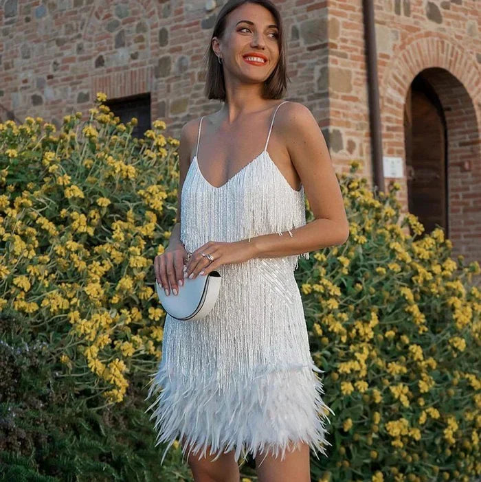 Spaghetti Strap Deep V-Neck Sequin Fringe Feather Hem Mini Party Dress