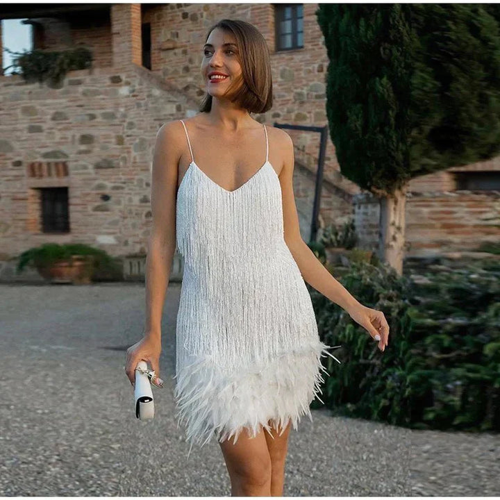 Spaghetti Strap Deep V-Neck All Over Fringe Mini Cocktail Dress